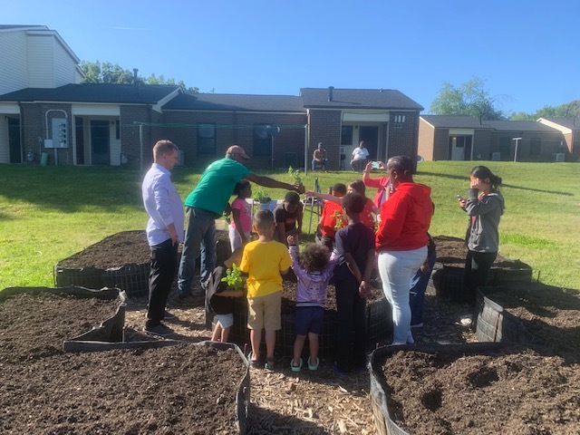 Group of people planting.