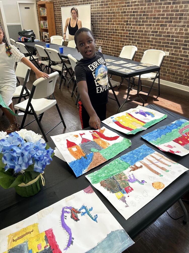 Drawings by children displayed.